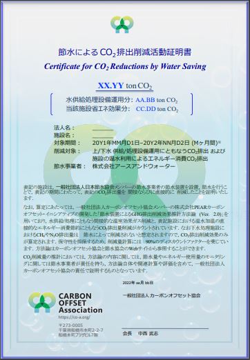 節水した水量で削減したCO2排出削減量を第三者認証により、証明書を発行